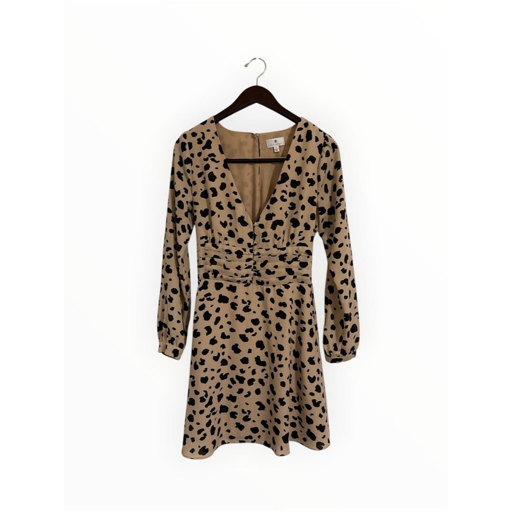 Socialite V-Neck Dress Tan with Cheetah Print Cinched back Button Front Small